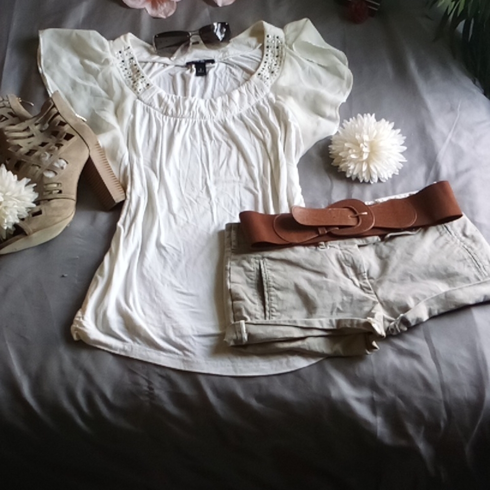 WHITE studded lace batwing sleeve top